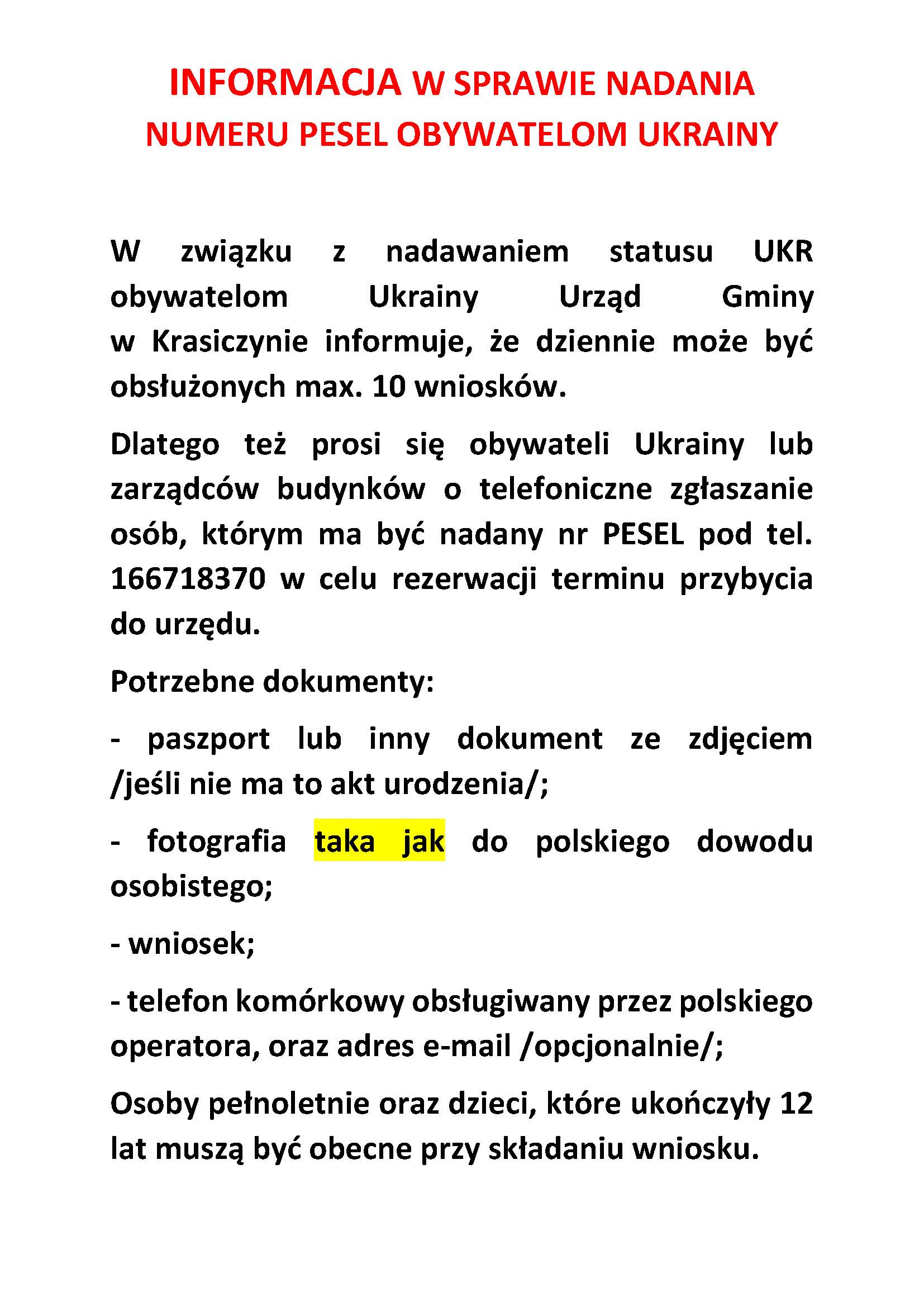 INFORMACJA W SPRAWIE NADANIA NUMERU PESEL OBYWATELOM UKRAINY Strona 1